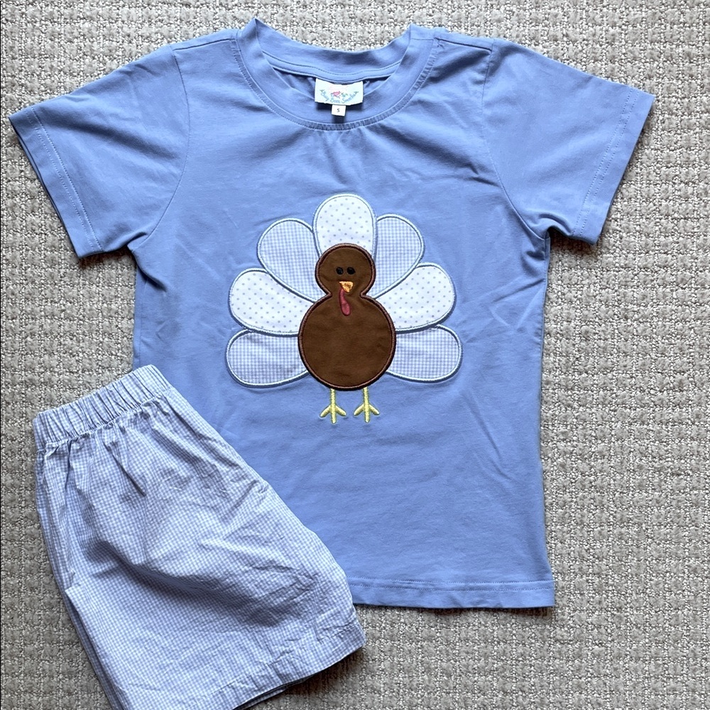 Busy Bees Smocks appliqué Thanksgiving turkey top and pants set, size 5